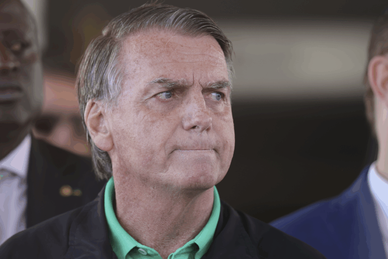 Brazil's former President Jair Bolsonaro gives a press conference outside the Senate in Brasilia.