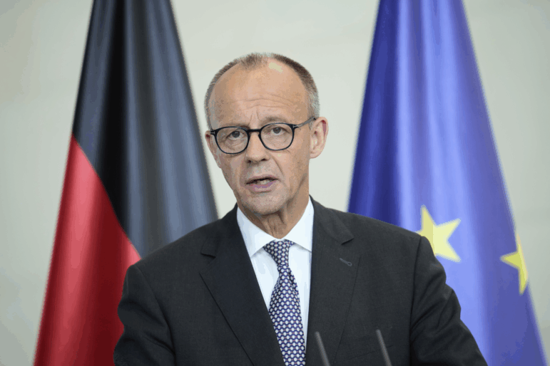 German Chancellor Friedrich Merz attends a news conference after a meeting with Jordan's King Abdullah II at the chancellery in Berlin, July 29.