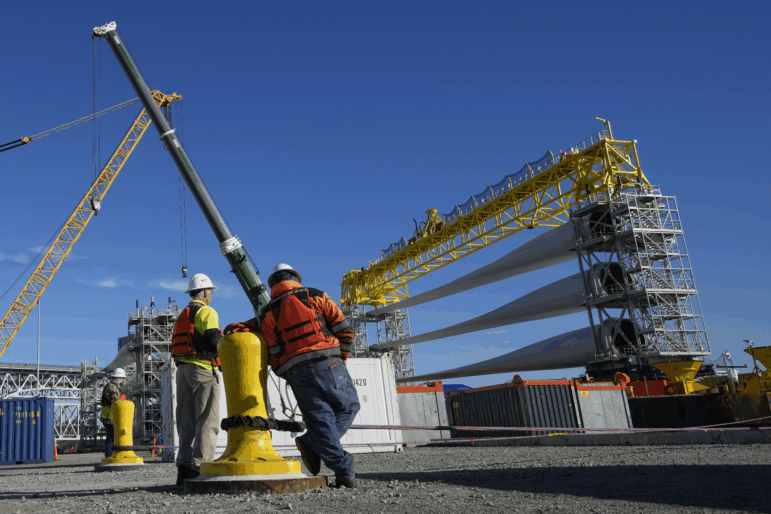 Offshore wind blades and other equipment in New London, Conn. President Trump is a longtime critic of the wind industry.
