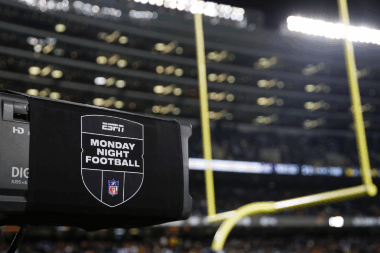 ESPN Monday Night Football TV camera is seen during the second half of an NFL football game between the Chicago Bears and Minnesota Vikings on Dec. 20, 2021, in Chicago.
