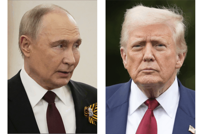 This combination of photos shows Russian President Vladimir Putin, left, in Moscow on May 9, 2025, and President Donald Trump in Washington on Aug. 1.