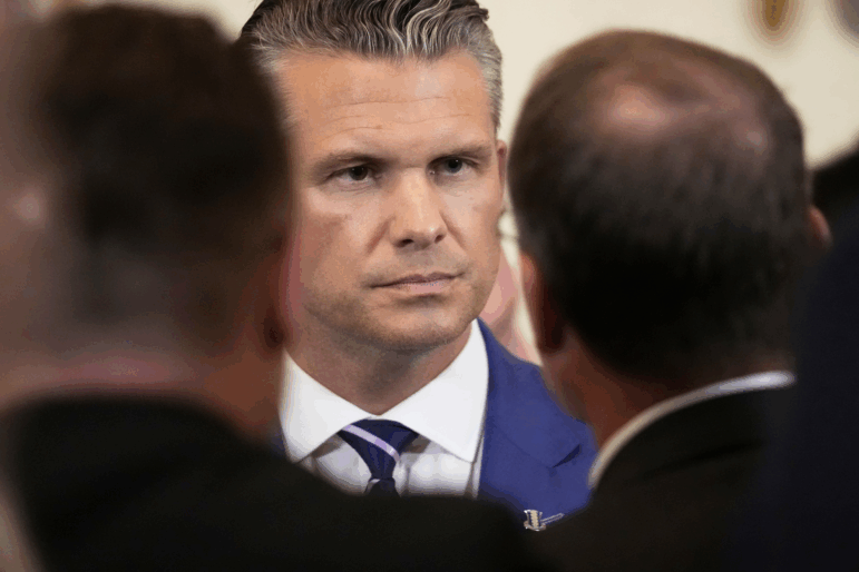 Defense Secretary Pete Hegseth attends an event to mark National Purple Heart Day in the East Room of the White House on Aug. 7, 2025, in Washington.