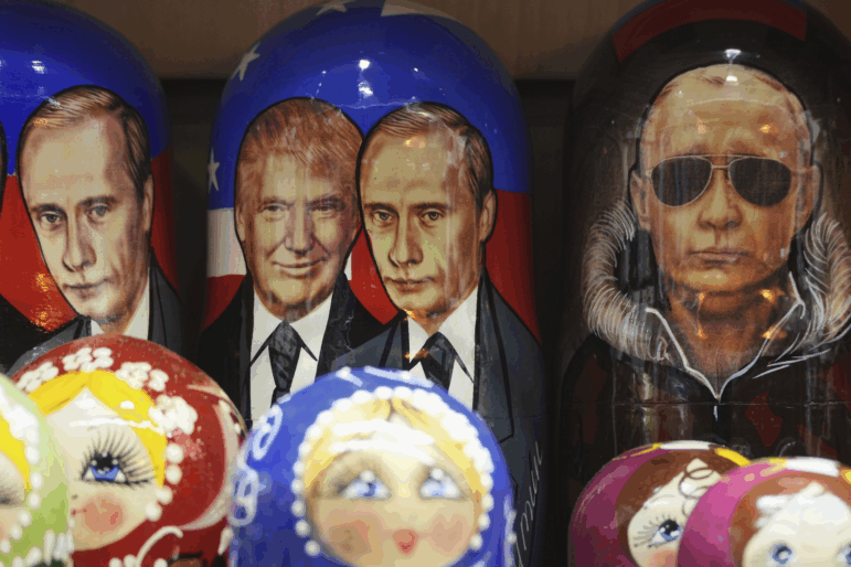 A Matryoshka, the traditional Russian wooden dolls, depicting U.S. President Donald Trump and Russian President Vladimir Putin is displayed for sale at a souvenir shop in St. Petersburg, Russia, Wednesday, Aug. 13, 2025.