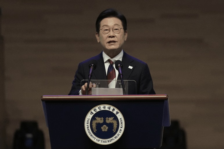 South Korean President Lee Jae-myung, shown speaking Aug. 15, 2025, is due to meet with President Trump during his first visit to Washington, D.C.