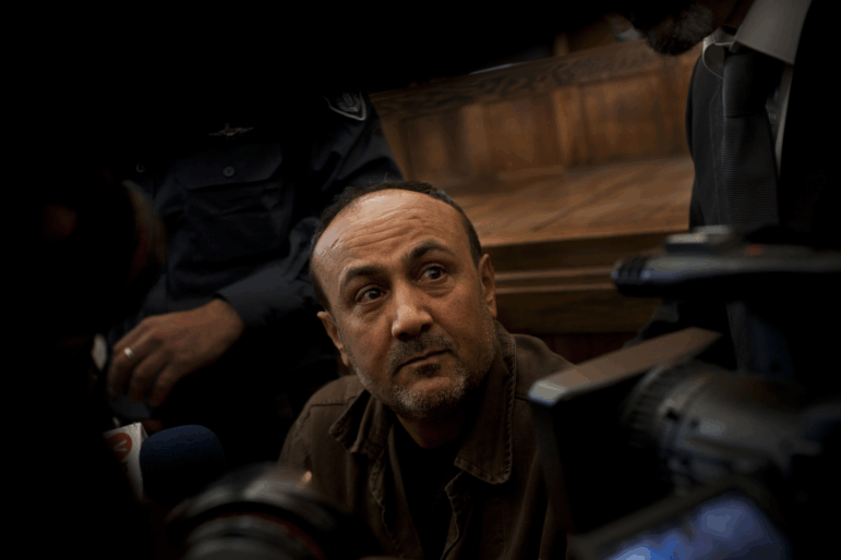 Senior Fatah leader Marwan Barghouti appears in court in Jerusalem in 2012.