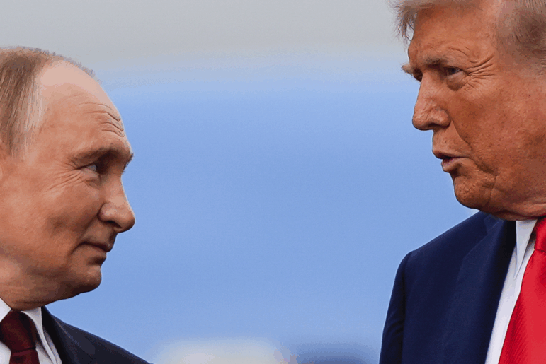 President Donald Trump and Russia's President Vladimir Putin talk, Friday, Aug. 15, 2025, at Joint Base Elmendorf-Richardson, Alaska.