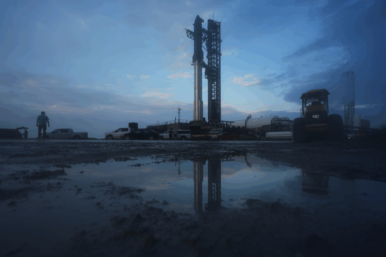 SpaceX's mega rocket Starship is prepared for a test flight in Starbase, Texas, on Sunday.