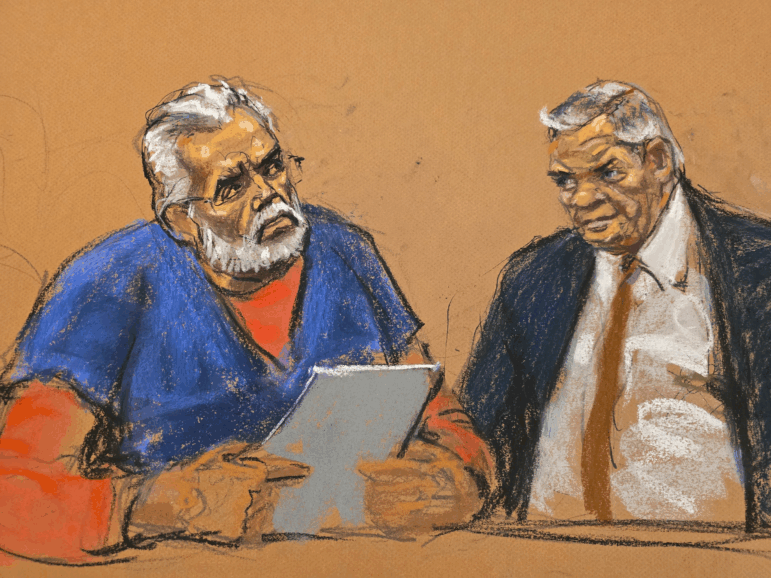 "El Mayo" Zambada speaks to Judge Brian Cogan (not pictured) in Brooklyn federal court, as his defense attorney Frank Perez looks on, Monday, Aug. 25, 2025, in New York.