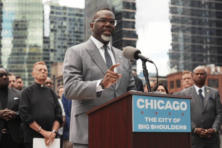 Chicago Mayor Brandon Johnson speaks during a news conference at River Point Park, Monday, Aug. 25, 2025, in Chicago.