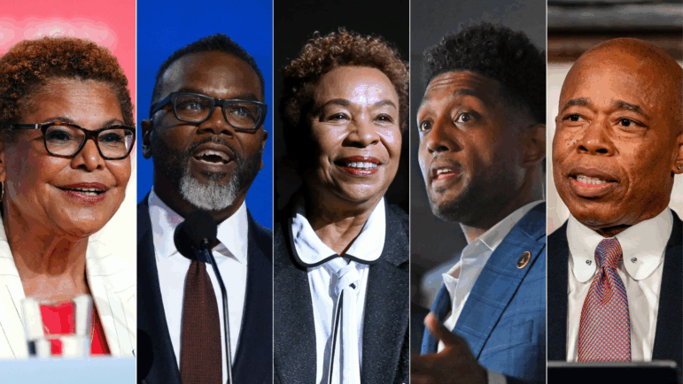 Side by side images of Los Angeles Mayor Karen Bass, Chicago Mayor Brandon Johnson, Oakland Mayor Barbara Lee, Baltimore Mayor Brandon Scott and New York City Mayor Eric Adams.