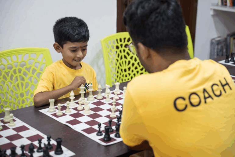 Seven-year-old Lakshan is coached by Selvabharathy, a trainer at Vishnu Prasanna’s Chess Academy in Chennai, India.