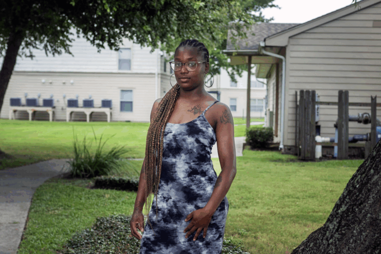 Geraldlynn Stewart poses for a portrait outside her home in New Orleans East.
