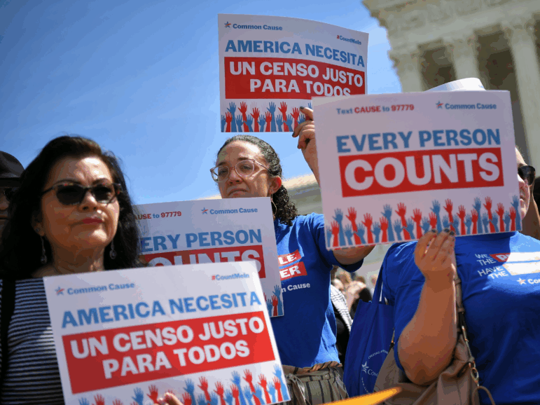 Demonstrators rally outside the U.S. Supreme Court in Washington, D.C., in 2019 to protest the first Trump administration’s failed push to add a question about a person’s U.S. citizenship status to 2020 census forms.