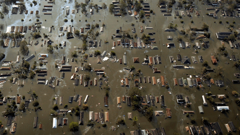 Water surrounds homes in the devastated Ninth Ward in this aerial view of damage from Hurricane Katrina in New Orleans, LA on August 30, 2005.