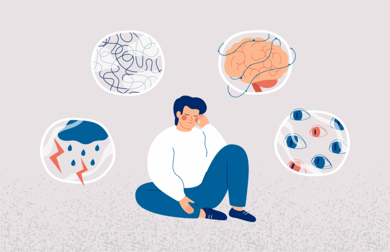 This illustration shows a person sitting on the ground with head pointed slightly downward and with eyes closed. Four "thought bubbles" float around the person's head. One has many eyes. One has a brain. One has squiggly lines, and one has a cloud, raindrops and lightning bolts.