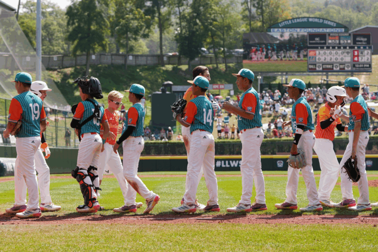 Members of the Southwest Region team from Boerne, Texas, and the Latin America Region team from Barquisimeto, Venezuela shake handsafter Latin America won the Little League World Series Consolation Game 4-3 at Howard J. Lamade Stadium on Aug. 25, 2024, in South Williamsport, Pa.