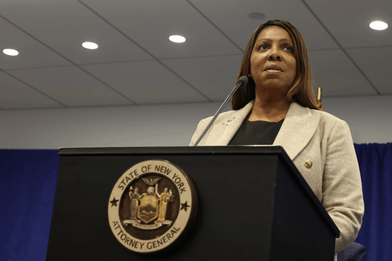 New York Attorney General Letitia James speaks during a press conference on Jan. 8. The Justice Department has opened an investigation into James' office over its civil fraud case against President Trump.
