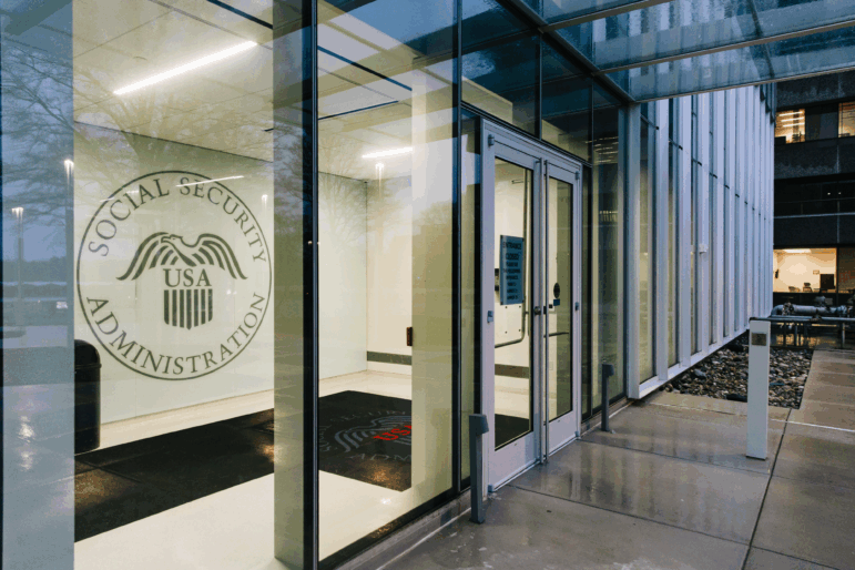 A closed entrance to the Social Security Administration headquarters sits empty in Woodlawn, Maryland, on March 20.