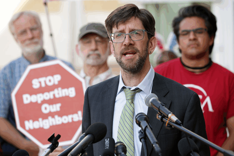 Attorney Simon Sandoval-Moshenberg speaks outside the U.S. District Court for Maryland after a hearing on Kilmar Abrego Garcia's case on July 10 in Greenbelt, Md.