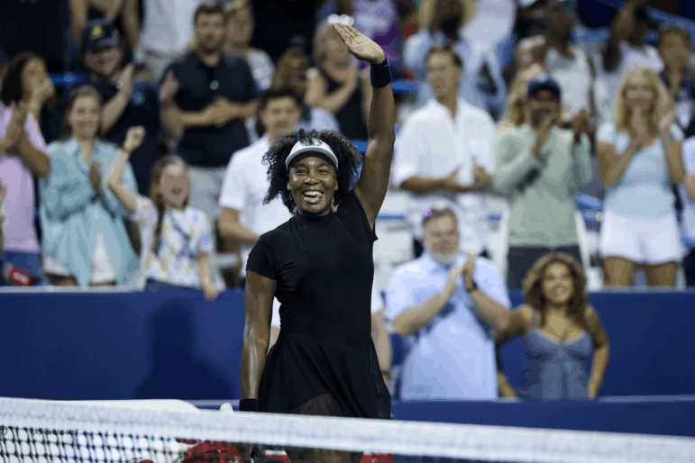 Venus Williams celebrates after winning a women's single match against Peyton Stearns during on day 2 of the Mubadala Citi DC Open on July 22 in Washington, DC.