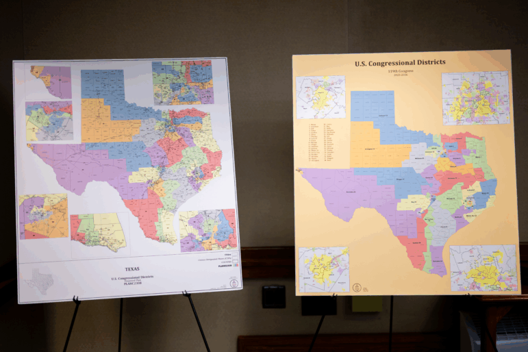 U.S. congressional district maps are displayed as the Senate Special Committee on Congressional Redistricting meets at the Texas State Capitol on Aug. 6, in Austin, Texas. Republicans are hoping the newly redrawn maps will boost their chances of keeping control of Congress in next year’s midterm elections.