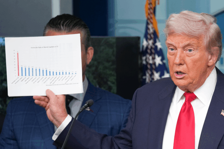President Donald Trump shows crime statistics as he delivers remarks during an August 11 press conference at the White House, where he announced he will use his authority to place the DC Metropolitan Police Department under federal control.