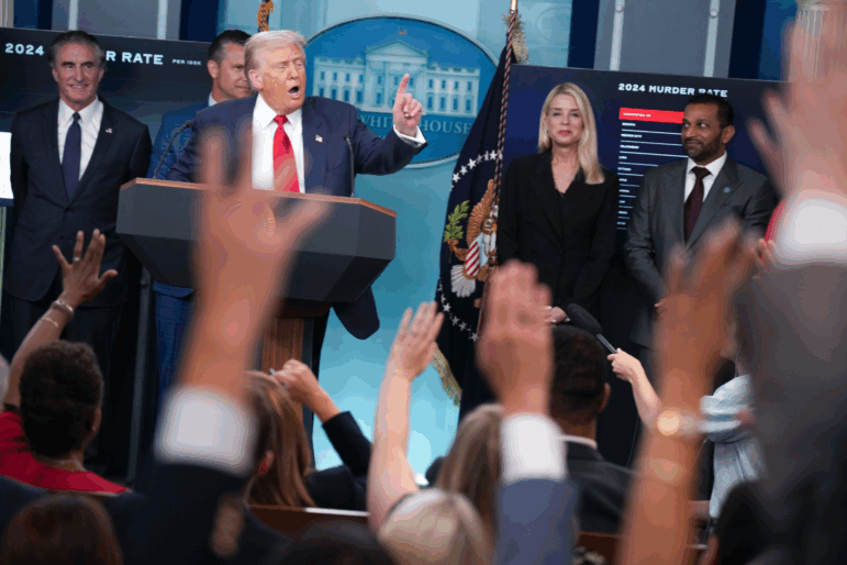 President Trump takes questions from reporters at the White House on August 8, 2025.