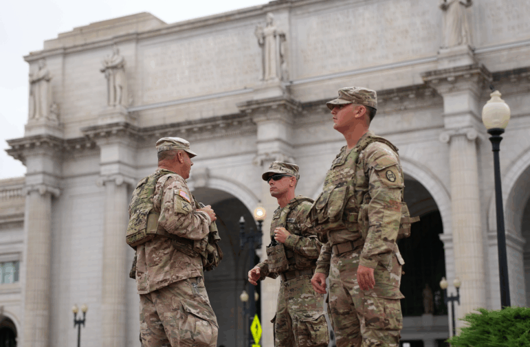 Members of the South Carolina National Guard patrol outside of Union Station on Aug. 21, 2025 in Washington, DC.