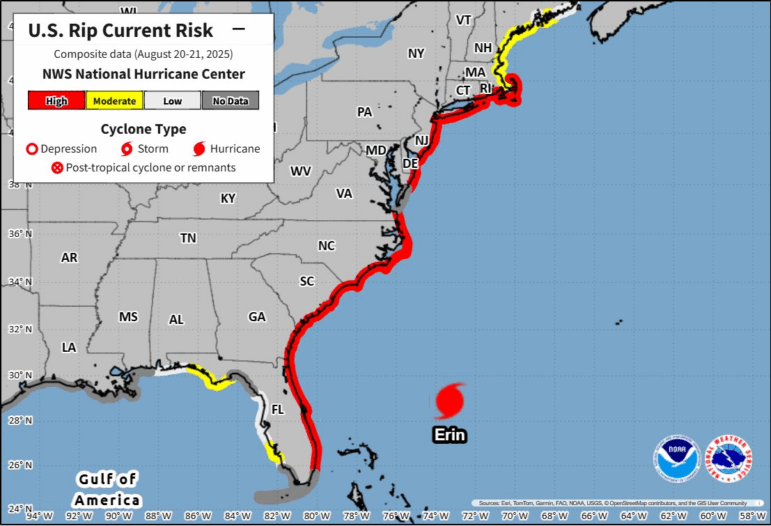 A map from the National Hurricane Center shows a high risk of rip currents on Wednesday from Florida to Massachusetts.