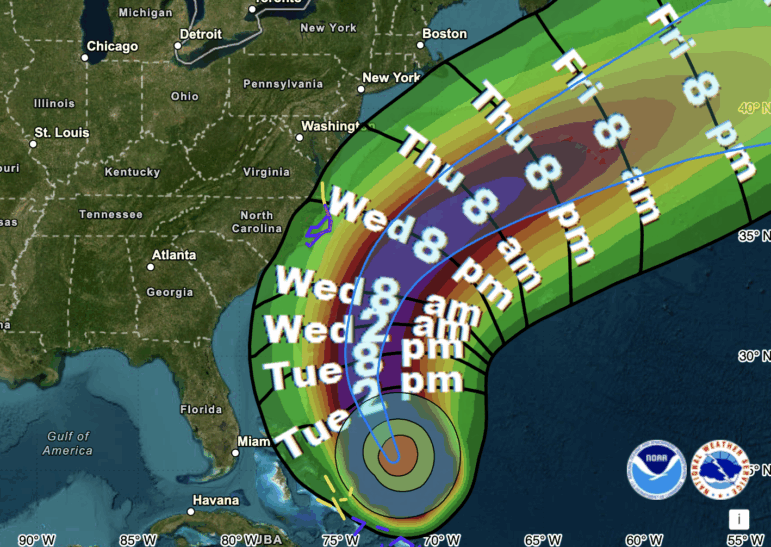 A map shows the likely arrival times of tropical-storm-force winds along the East Coast, driven by Hurricane Erin. Forecasters also say that North Carolina's Outer Banks and nearby areas could start seeing high water from the storm on Tuesday.