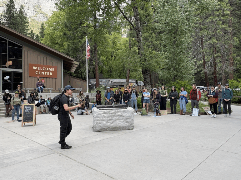 Yosemite employees and locals protest the federal government's actions to reduce staffing at the Yosemite Village.