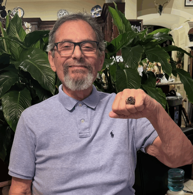Al DiStefano with the ring he received upon graduating from Fordham University in 1969. The ring was found by David Orlowski using a metal detector just a few miles from where DiStefano says he lost it.