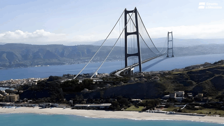 An artistic rendering of the proposed 2-mile-long Strait of Messina Bridge between Sicily and the rest of Italy.