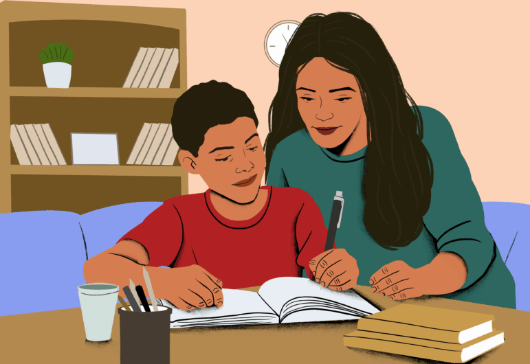 An illustration shows an adult with long, wavy hair wearing a green shirt leaning over a school-aged child with short curly hair, wearing a red shirt, as the child writes in a blank notebook, presumably working on homework. They sit at a table covered in a stack of books, a cup of writing utensils, and a drinking glass. In the background, a domestic setting shows bookshelves and living room furniture.
