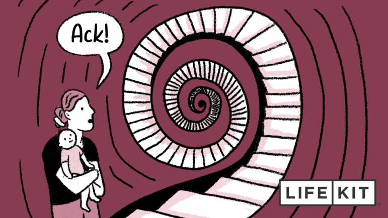 An illustration shows a woman holding her baby close to her chest. She has a speech bubble above her head that reads: "Ack!" She stares head-on into a spiraling staircase that continues to spiral, symbolizing intrusive thoughts. The illustration is hand drawn and colored in shades of black, white and mauve.