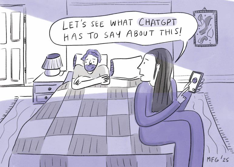In this illustration, a man is lying on one side of a bed with his head propped up on a pillow. A woman is sitting on the other side of the bed, near the foot of the bed. She's holding her phone with one hand and is pointing to it with her other hand. Through a comment bubble, she's saying, "Let's see what ChatGPT has to say about this!"