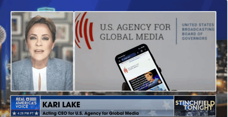 Trump administration adviser Kari Lake, as shown recently on the Real America's Voice cable TV channel.