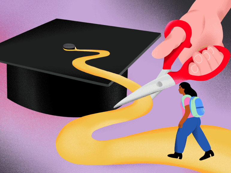 This illustration shows a black graduation cap with its golden tassel extending and morphing into a curving pathway that a student with a backpack is walking on. A large hand holding scissors is cutting the tassel off the cap and thereby cutting off the student's path to a degree.