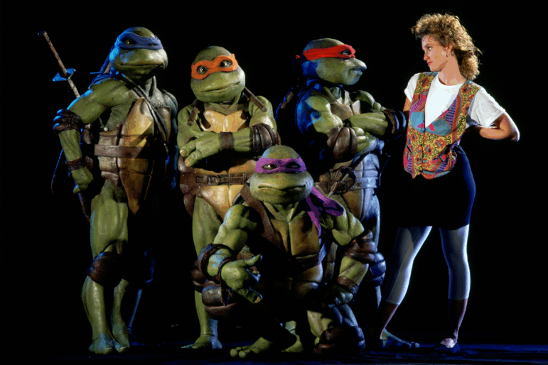 Leonardo, Michelangelo, Donatello, Raphael, and April O'Neil, who was played by Judith Hoag.