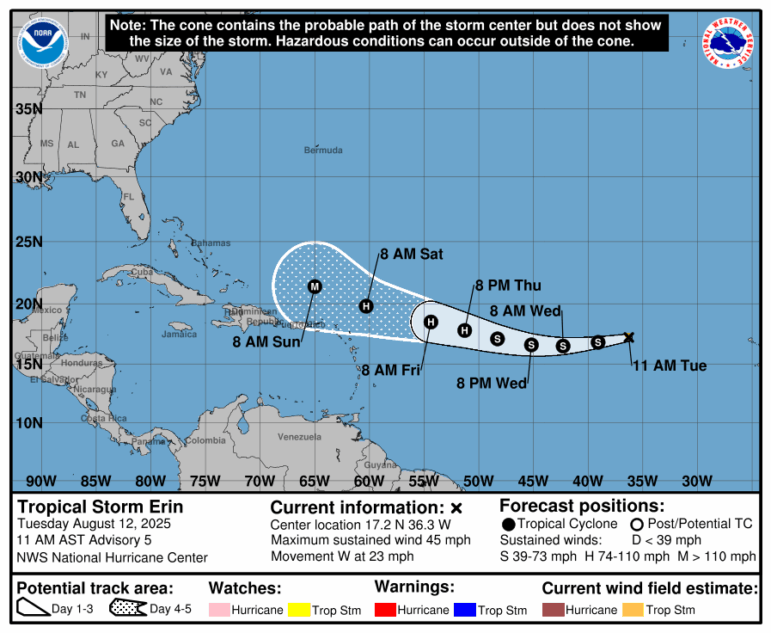 This graphic from the National Hurricane Center shows a possible path of Tropical Storm Erin over the course of the week.