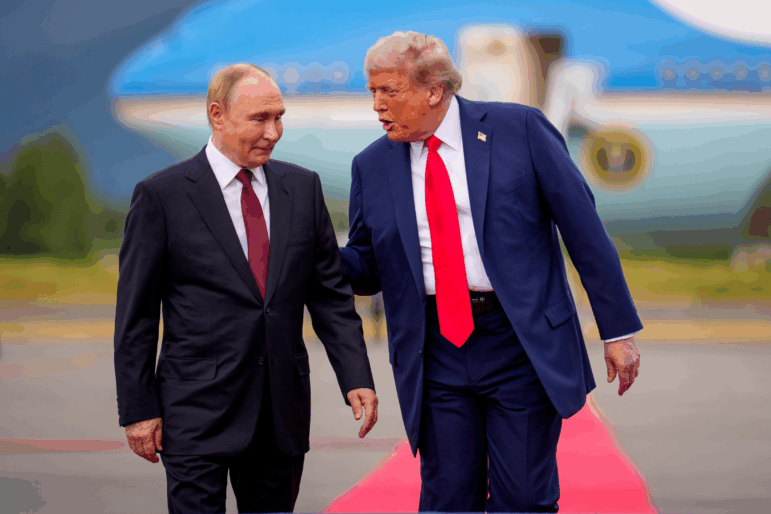 President Trump greets Russian President Vladimir Putin at Joint Base Elmendorf-Richardson on Friday in Anchorage, Alaska. On his flight to Alaska, Trump said his top priority was a ceasefire in the Russia-Ukraine war. After meeting with Putin, Trump said a ceasefire was not essential, and it was better to seek a permanent peace agreement.