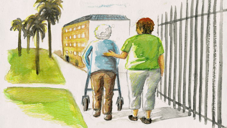 A watercolor illustration of a caregiver assisting an older woman walking down a city street.