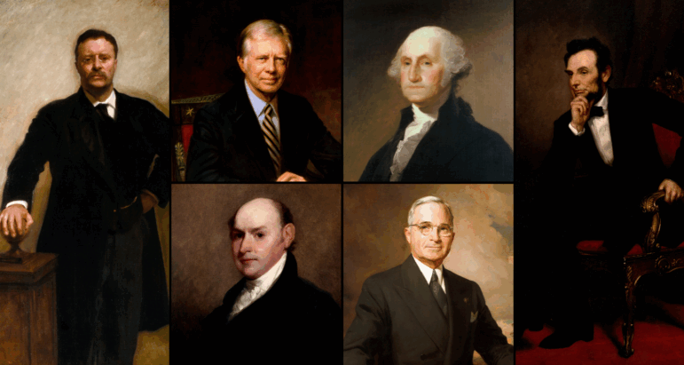 "Suited to Lead: The Lives of Six Presidents Through Fashion," is a virtual exhibit by the White House Historical Association featuring six presidents Theodore Roosevelt (clockwise from the far left), Jimmy Carter, George Washington, Abraham Lincoln, Harry S. Truman and John Quincy Adams.
