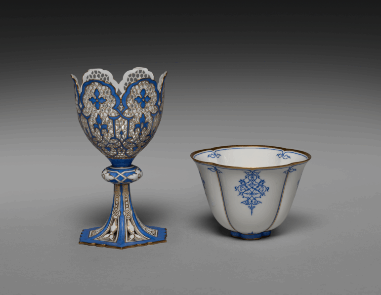 A French zarf and cup, made around 1848 to 1855, made of porcelain. Zarfs are often associated with coffee drinking in the Ottoman Empire, but many were made in Europe.