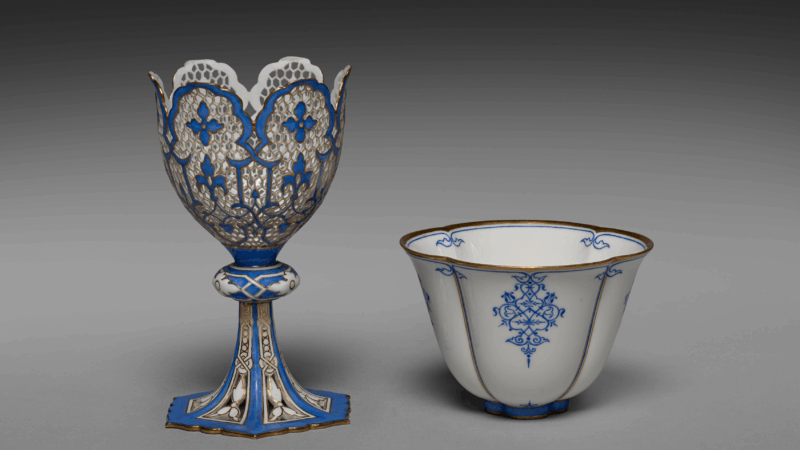 A French zarf and cup, made around 1848 to 1855, made of porcelain. Zarfs are often associated with coffee drinking in the Ottoman Empire, but many were made in Europe.