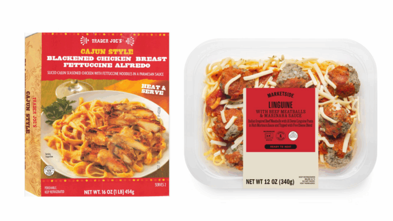 Side by side photos of the affected pre-cooked pasta dishes, sold at Trader Joe's and Walmart.