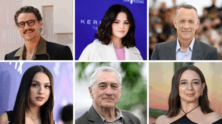 “Our government has resorted to threatening the livelihoods of journalists, talk show hosts, artists, creatives and entertainers,” reads an open letter organized by the ACLU after ABC suspended Jimmy Kimmel's late-night show under pressure from the FCC. Among the 400 signers are, clockwise from top left, Pedro Pascal, Selena Gomez, Tom Hanks, Maya Rudolph, Robert De Niro and Olivia Rodrigo.