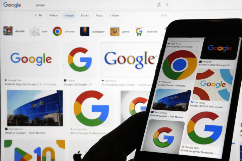 This photo, in New York, taken Sept. 11, 2023, shows various Google logos when searched on Google.
