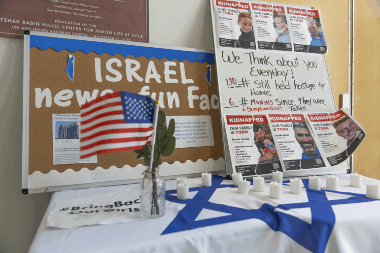 Posters for civilians who were abducted from Israel by Hamas on Oct. 7, 2023, are posted at the Hillel at UCLA in Los Angeles.