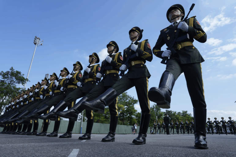 Chinese soldiers rehearses at a camp ahead of the Sept. 3 military parade to commemorate the 80th anniversary of Japan's World War II surrender, in Beijing on Aug. 20, 2025.